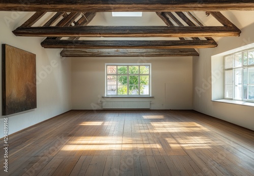 Empty room with wooden beams, sunlight, and windows.  Possible use for Interior design, real estate, or architecture stock photography photo