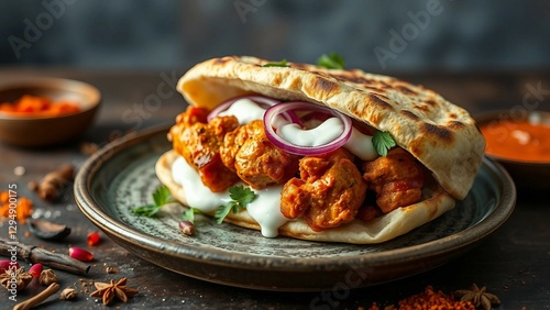 A naan bread sandwich filled with tandoori chicken, mint yogurt sauce, and pickled red onions, prese