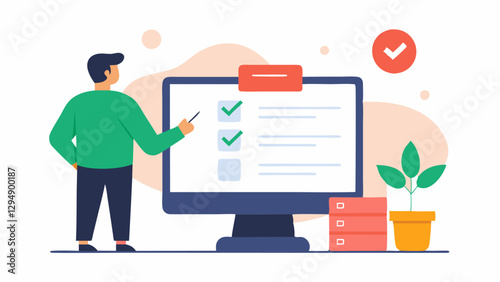 Uploading Course Material A professional uploading files to an online learning platform checking off items on a todo list displayed on a nearby screen.