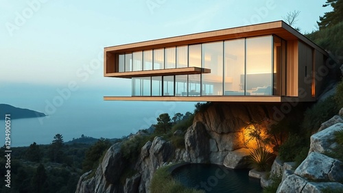 A luxurious cantilevered home appearing to float above the landscape, featuring minimalist design wi