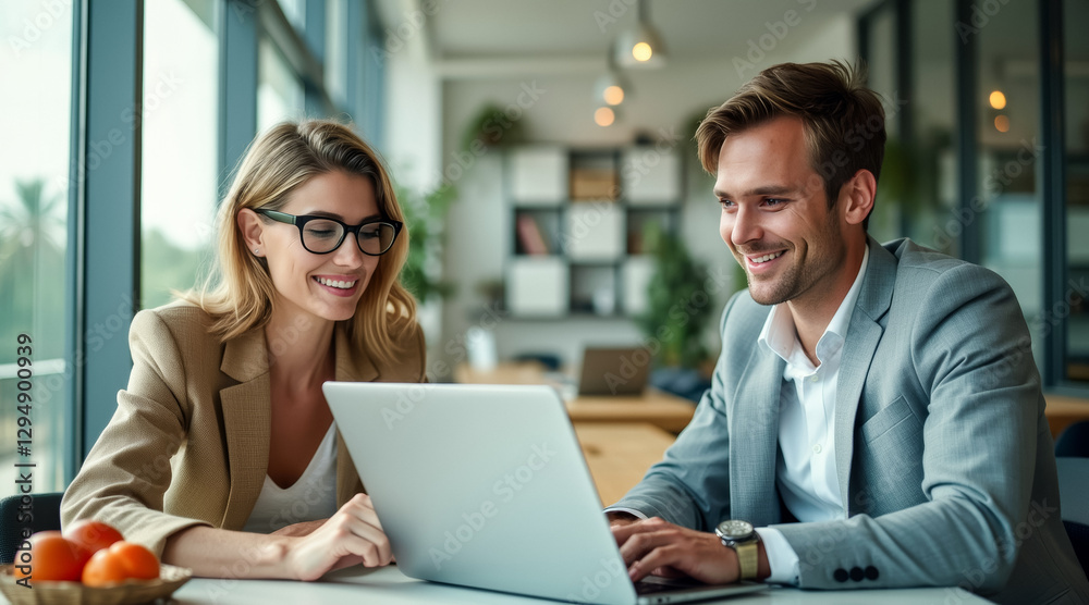 smiling business colleagues collaborating on a laptop in a modern office smiling business colleagues collaborating on a laptop in a modern office