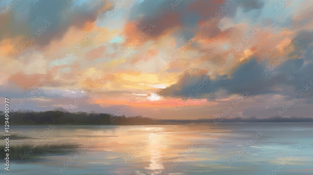 Serene Dawn Sky Impressionist Landscape with Pastel Colors and Gentle Brush Strokes Serene Dawn Sky Impressionist Landscape with Pastel Colors and Gentle Brush Strokes