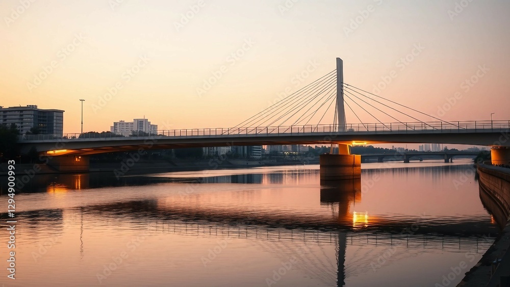 Fototapeta premium A sleek, modern bridge spanning a calm river, with minimalistic design elements illuminated by the l