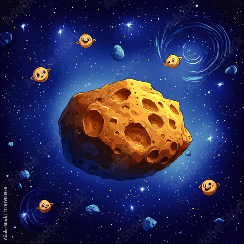 Charming Cartoon Asteroid and Smiling Emoji Planets in Colorful Space Scene with Stars and Spiral Vortex - Vector Illustration for Fun Cosmic Adventures