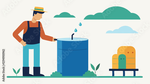 Water Conservation A farmer installing a rainwater harvesting system showcasing techniques for conserving water in agricultural practices.