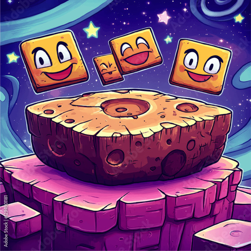 Colorful Cartoon Vector of Smiling Emoji Blocks Floating in Galactic Space with Stars and Cosmic Patterns on Geometric Platform - Whimsical Cosmic Illustration