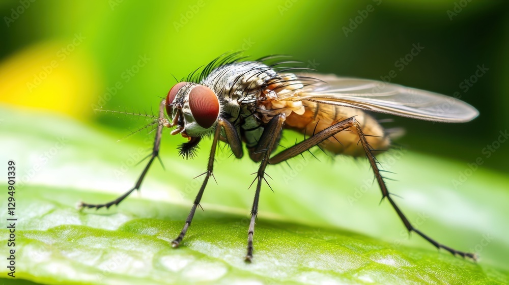 Close-up of a fascinating fly resting on a green leaf in a lush environment showcasing intricate details of its body and wings Close-up of a fascinating fly resting on a green leaf in a lush environment showcasing intricate details of its body and wings