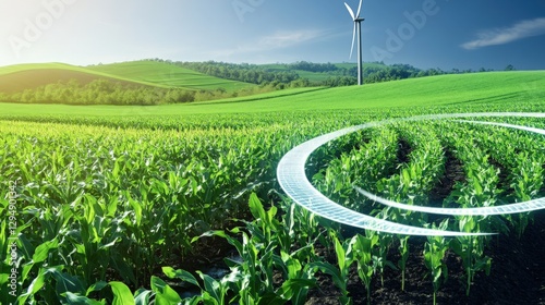 Sustainable agriculture practices wind farms infographic rural landscape aerial view environmental impact photo