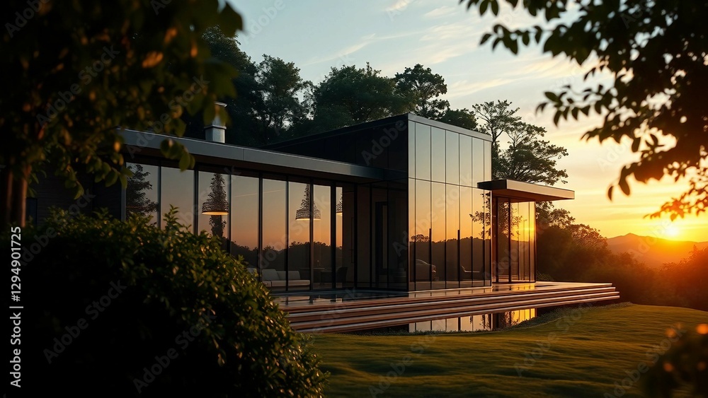 A striking exterior shot of a contemporary glass house surrounded by lush greenery, with reflections A striking exterior shot of a contemporary glass house surrounded by lush greenery, with reflections