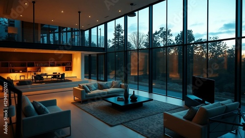 An all-glass living space with smart tint technology, ultra-modern furnishings, and dynamic lighting
