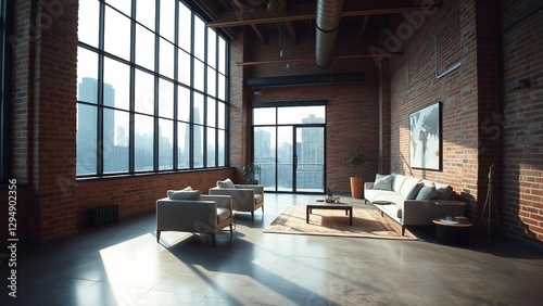 A sophisticated loft apartment with industrial exposed brick walls, polished concrete floors, and sl