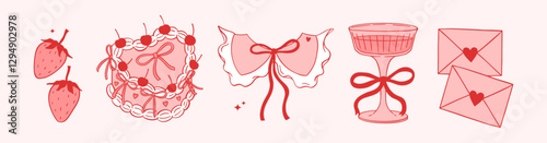 Coquette aesthetic Girly red cliparts and stickers in hand drawn Vintage style. Trendy heart shaped cake, champagne glass with bow, love letter, vintage collar