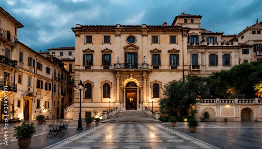 Grand Italianate Palazzo at Twilight: Warm Evening Light Illuminates Historic Building in Cobblestone Square Grand Italianate Palazzo at Twilight: Warm Evening Light Illuminates Historic Building in Cobblestone Square