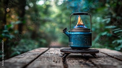 setting features portable gas stove igniting kettle over gentle blue flame on wooden picnic table surrounded vibrant green nature perfect for outdoor cooking moments.