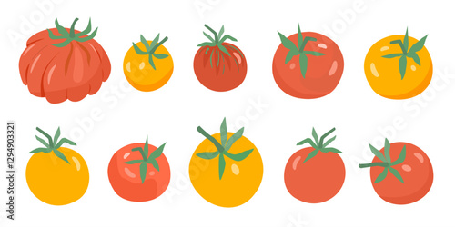 Set of red and yellow ripe tomatoes with green tails of different shapes and sizes on white isolated background. Cute vector illustration of vegetables drawn by hand in simple style.