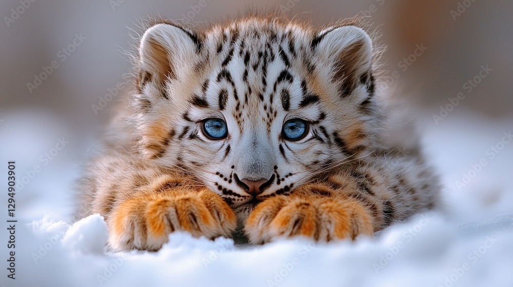 Obraz premium fluffy baby snow leopard thick fur featuring gray and black rosettes rests comfortably. Its big paws are stretched out and it gazes curiously innocent blue eyes.