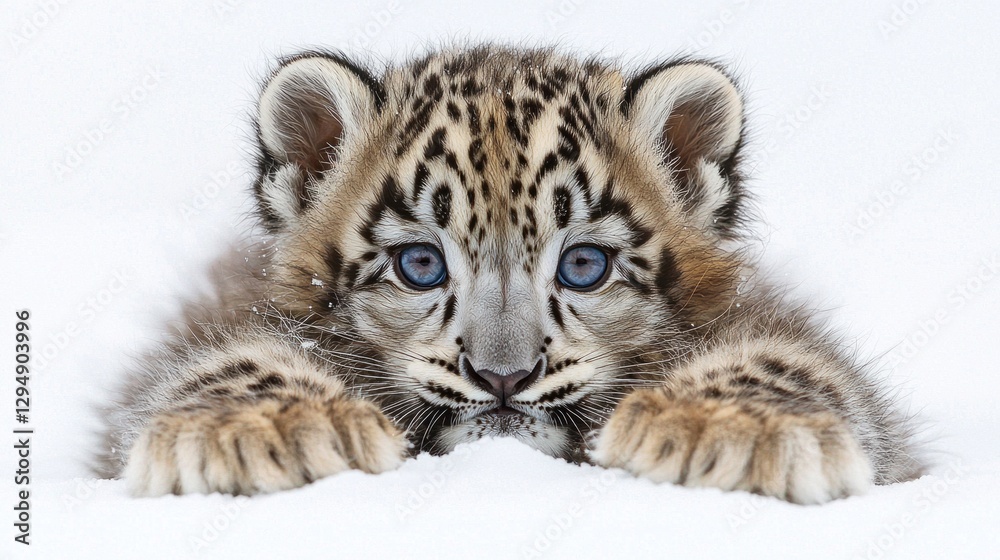Obraz premium fluffy baby snow leopard lies comfortably on white surface its big round paws stretched ahead. Its thick gray and black rosetted fur contrasts beautifully its bright blue eyes.