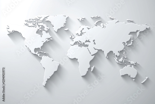 Detailed White Map of the World on Clean Background with Subtle Shadows and Depth