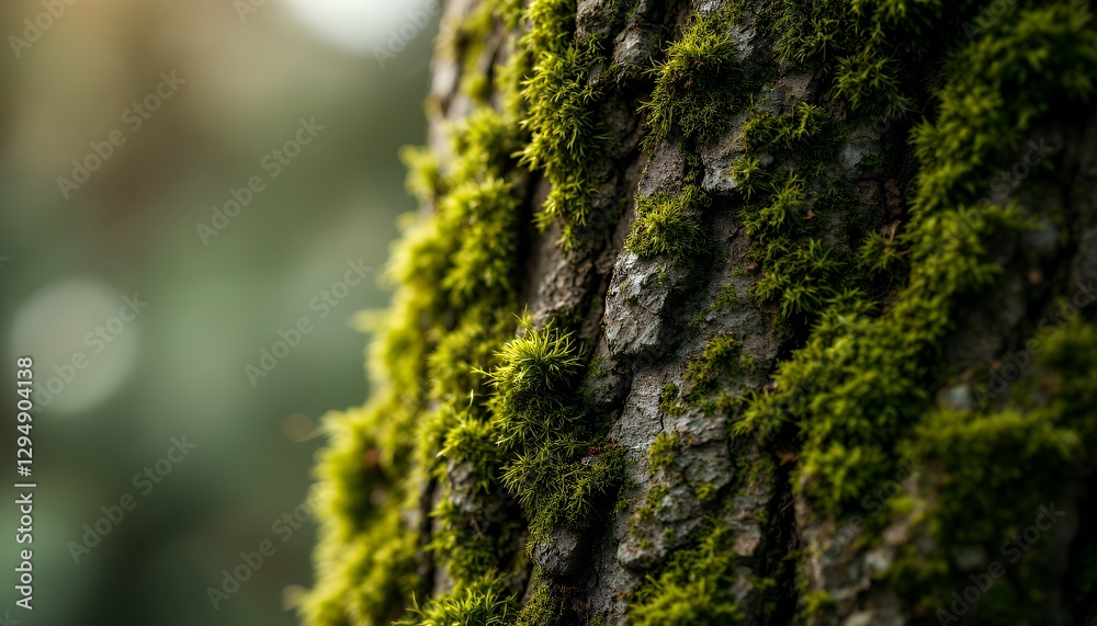 Lush Green Moss on Textured Tree Bark Close-Up Lush Green Moss on Textured Tree Bark Close-Up