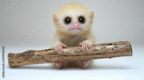 adorable baby slow loris sits on white background gripping twig its tiny hands. Its large round eyes sparkle innocence making it irresistible subject.