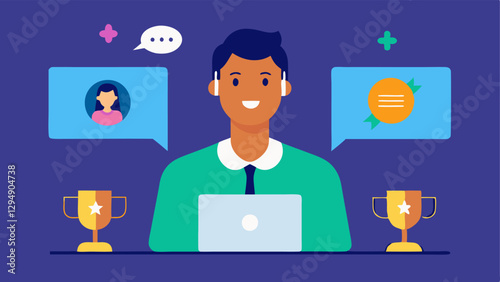 Virtual Meeting A splitscreen illustration showing a professional on video call with clients discussing sponsorship opportunities. The background shows awards and accolades for