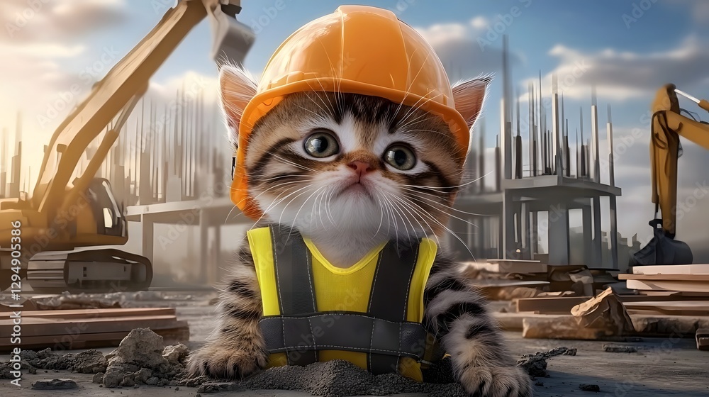 Adorable kitten dressed as a construction worker wearing a safety helmet and reflective vest curiously exploring a worksite filled with heavy machinery cranes