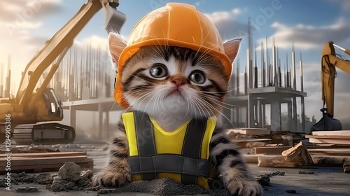 Obraz na płótnie Adorable kitten dressed as a construction worker wearing a safety helmet and reflective vest curiously exploring a worksite filled with heavy machinery cranes w salonie