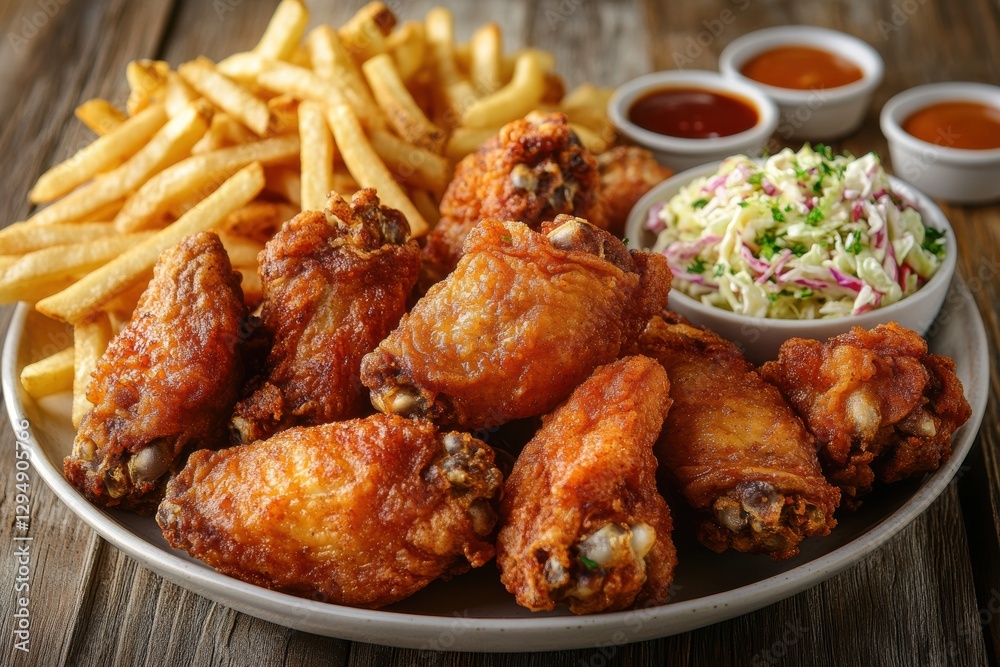 Fried chicken feast diner food photography rustic setting close-up culinary delight Fried chicken feast diner food photography rustic setting close-up culinary delight