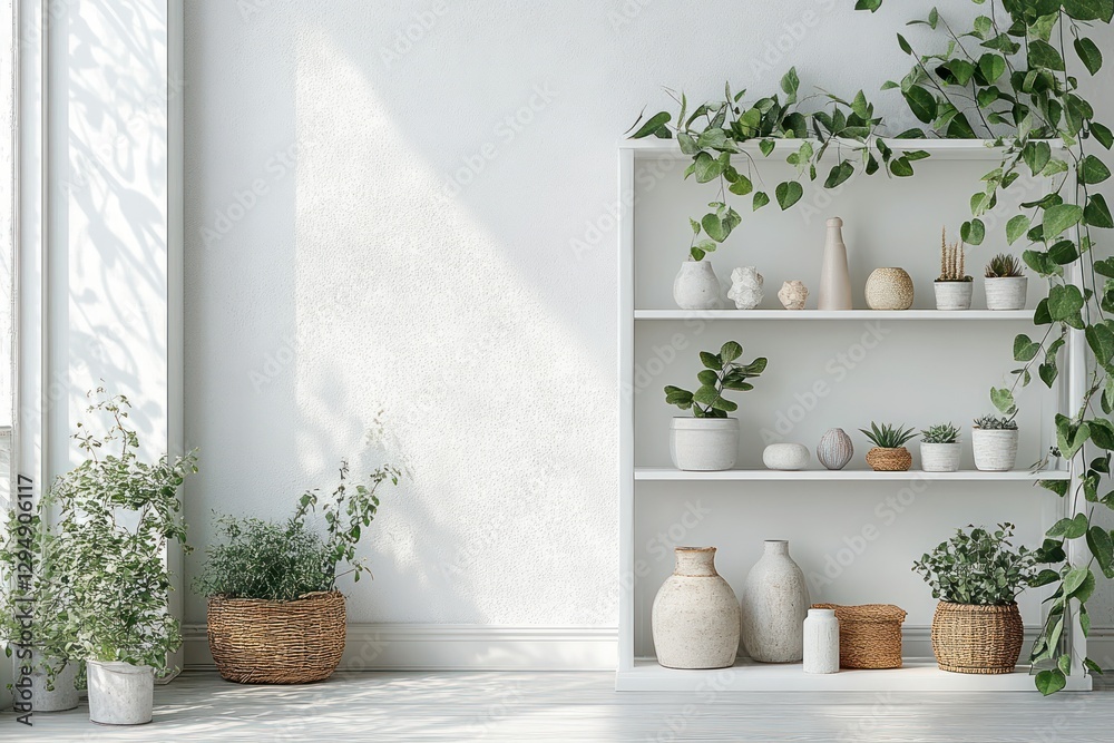 Serene Scandinavian Interior with Minimalist White Shelf and Potted Plants Serene Scandinavian Interior with Minimalist White Shelf and Potted Plants