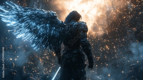 In sleek black armor glowing blue circuits Archangel Michael battles AI demons plasma sword inside neon lit holographic cathedral.
