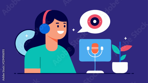 User Interaction An illustration of a user interacting with a virtual assistant while the voiceover artists voice emanates from the device emphasizing the voice in user experience.
