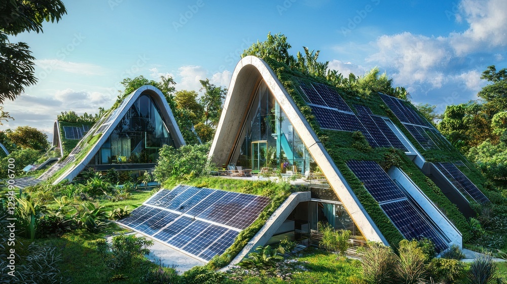 Eco-friendly futuristic homes with solar panels and green roofs nestled in lush greenery. Eco-friendly futuristic homes with solar panels and green roofs nestled in lush greenery.