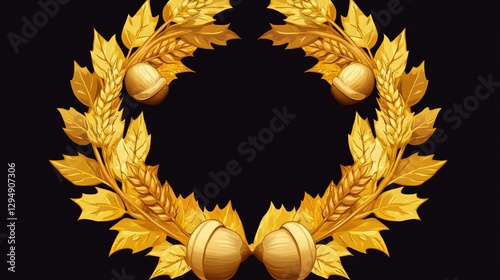 Golden wheat, acorn wreath frame, black background, autumn harvest design