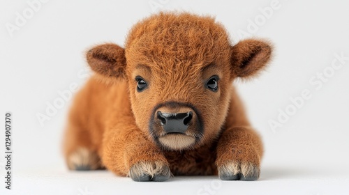 baby buffalo stands on clean white background showcasing its thick curly reddish brown fur. Its tiny horns are developing and its wet nose adds charm its appearance.
