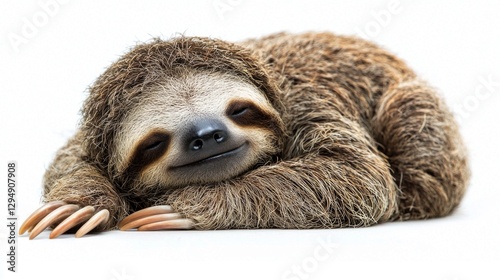 baby giant ground sloth displays round furry face and sleepy expression resting its tiny curved claws gently on clean white surface evoking feelings of cuteness and tranquility.