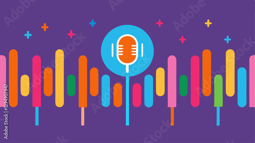 Voice Samples A variety of colorful sound wave representations floating around a microphone symbolizing the collection of diverse voice samples for AI.