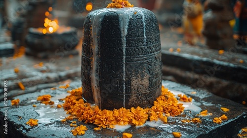 Priests perform abhisheka bathing black stone Shiva Lingam milk water and honey. Flickering torches illuminate ancient cave while chants echo reverently. photo