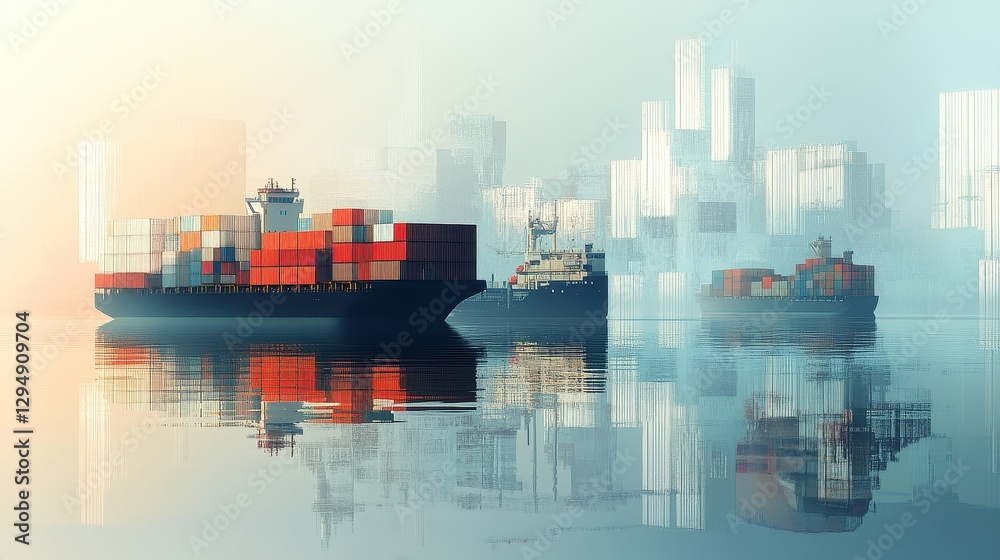 Obraz premium Container ships in calm waters with reflections of cargo ports Emphasize the harmony between technology and nature Cargo ships.