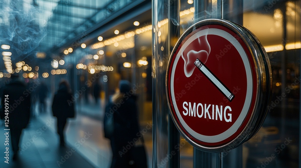 Fototapeta premium no smoking sign featuring red circle and cigarette diagonal slash is prominently placed entrance of modern glass building. City reflections create depth in scene.