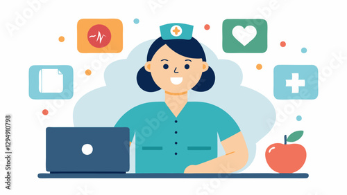 Wellness Check A cheerful nurse asking a wellness questionnaire over a video call with wellness icons floating around her illustrating various health topics such as nutrition and