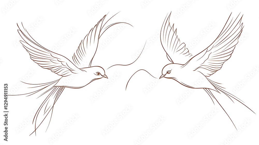 Fototapeta premium Two birds flying in the sky, one of them is holding a string