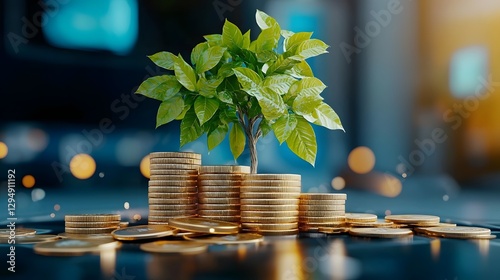 Lush green tree emerging from neatly arranged stacks of golden coins set against a futuristic and colorful digital background  This metaphorical image represents the concept of long term investments