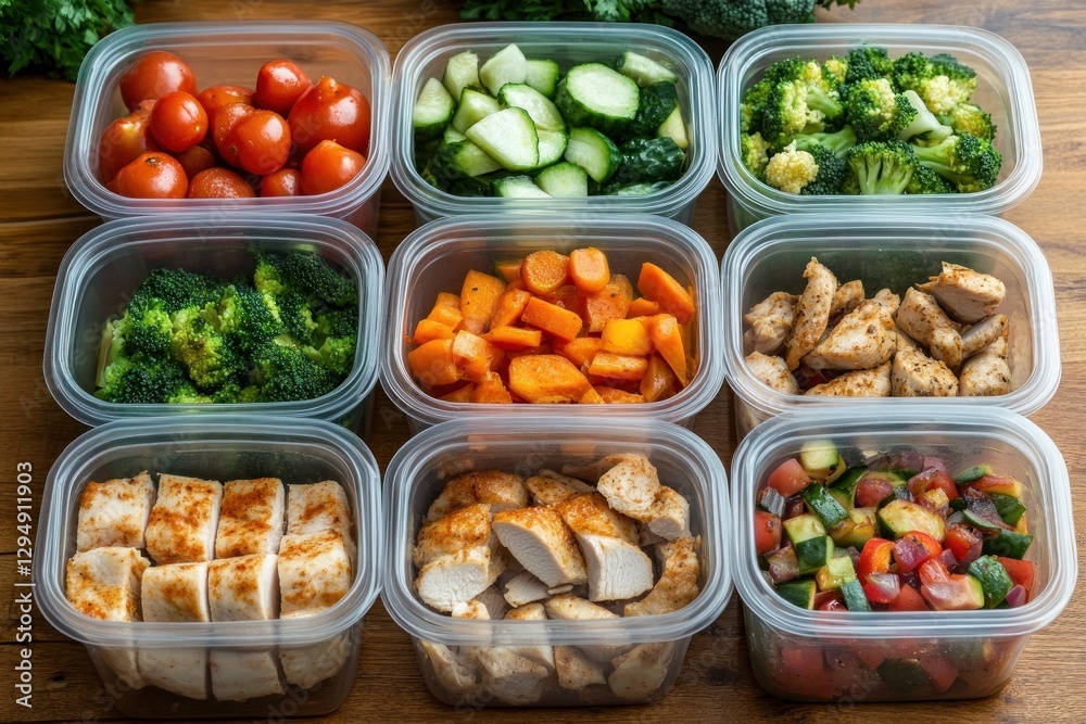 Meal Prep Stack of Colorful Vegetable and Chicken Containers Meal Prep Stack of Colorful Vegetable and Chicken Containers