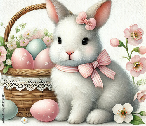 A cute bunny is sitting near the basket full of Easter eggs