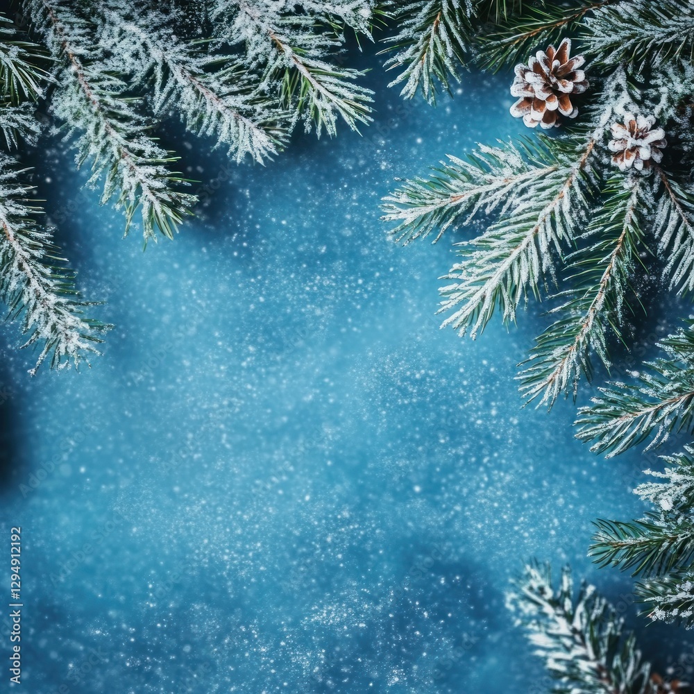 Festive Christmas branches with snow on dark blue background