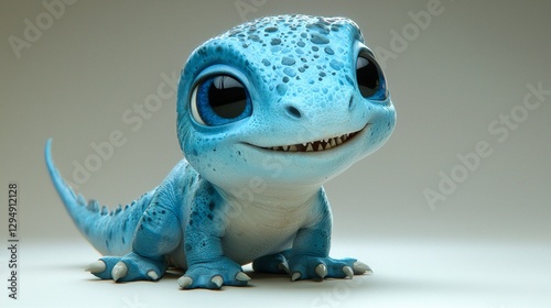 baby Mosasaurus smooth scaly skin glows in blue and gray hues while it opens its small jaws. Its tiny sharp teeth are barely visible as it sits on neutral backdrop.