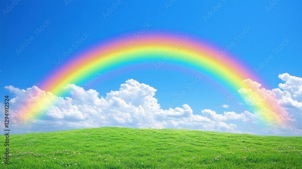 Vibrant rainbow arching over a lush green field and fluffy white clouds against a clear blue sky. Vibrant rainbow arching over a lush green field and fluffy white clouds against a clear blue sky.