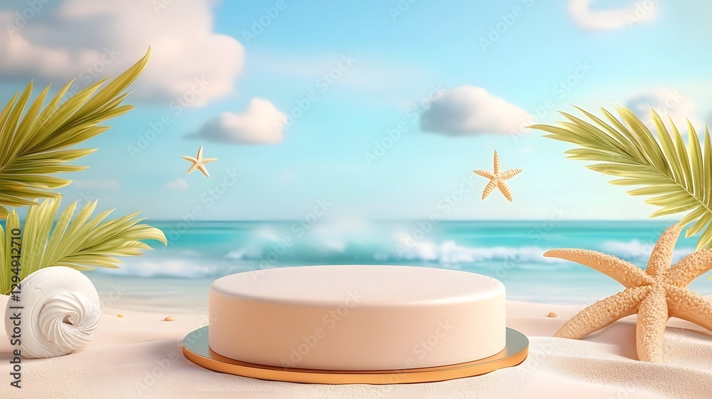 Obraz premium Serene and Minimalist Summer Beach Podium Display with Vibrant Sky Soft Waves and Relaxing Tropical Ambiance