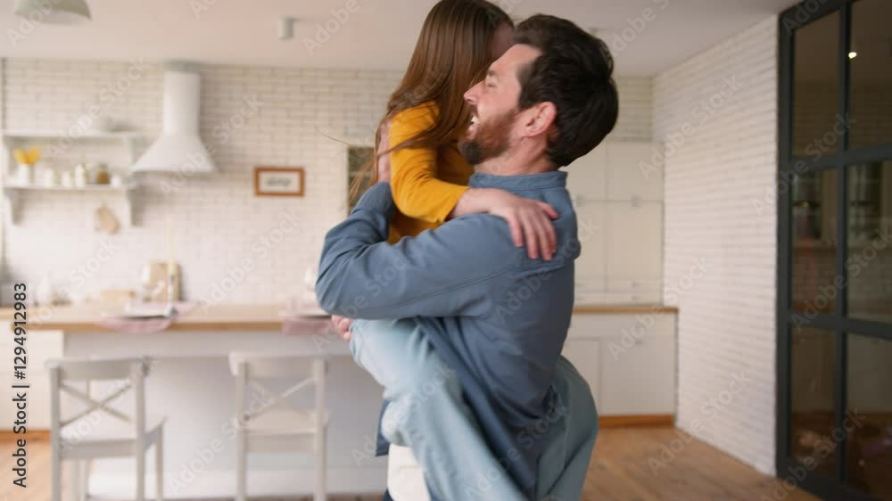 Carefree Caucasian girl running to happy parent man at home cheerful child embracing father family little kid guy laughing together bonding schoolgirl hug dad male holding daughter parenthood custody