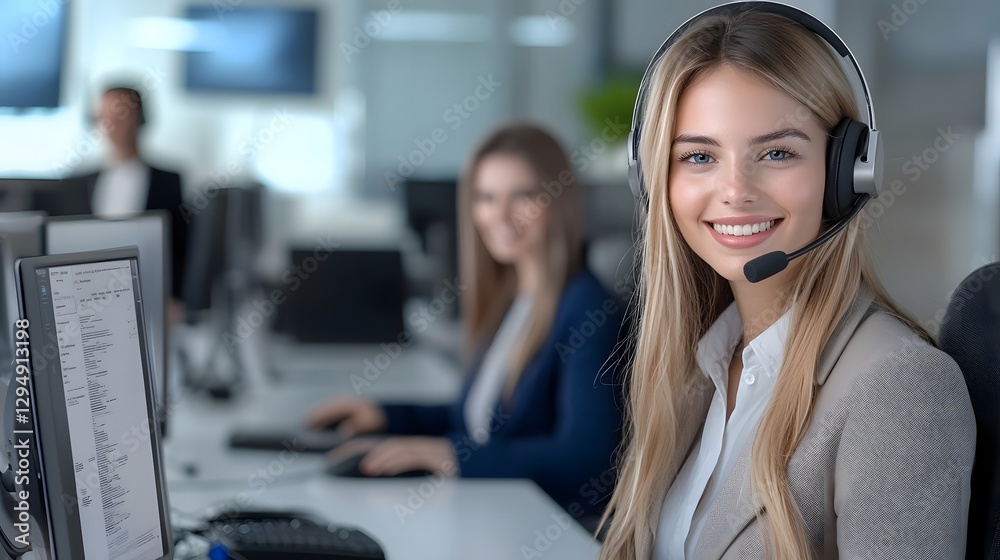 Smiling young caucasian woman wearing a professional headset and holding a microphone working as a friendly and helpful customer service representative or call center operator Smiling young caucasian woman wearing a professional headset and holding a microphone working as a friendly and helpful customer service representative or call center operator